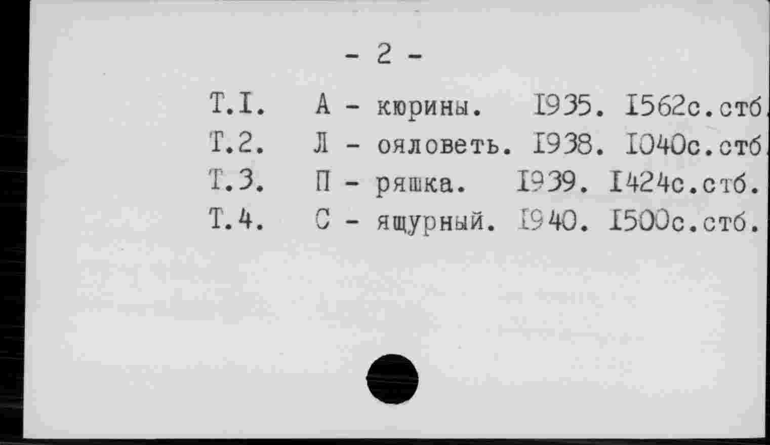 ﻿- г -
T.I.	А -	кюрины. 1935.	1562с.стб
Т.2.	Л -	ояловеть. 1938.	1040с.стб
т.з.	п -	ряшка. 1939.	1424с. стб.
Т.4.	р	ящурный. 1940.	1500с.стб.